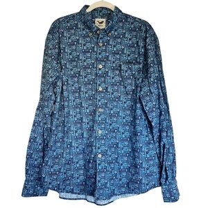 Yiume Men’s XL Blue Hawaiian Tiki Print Button Up Shirt 100% Cotton